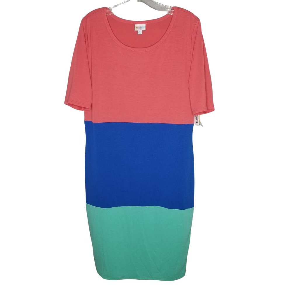 LuLaRoe NWT Size XL Dress Julia Beachy Stripe Color Block T-Shirt Jersey Knit - Picture 2 of 5